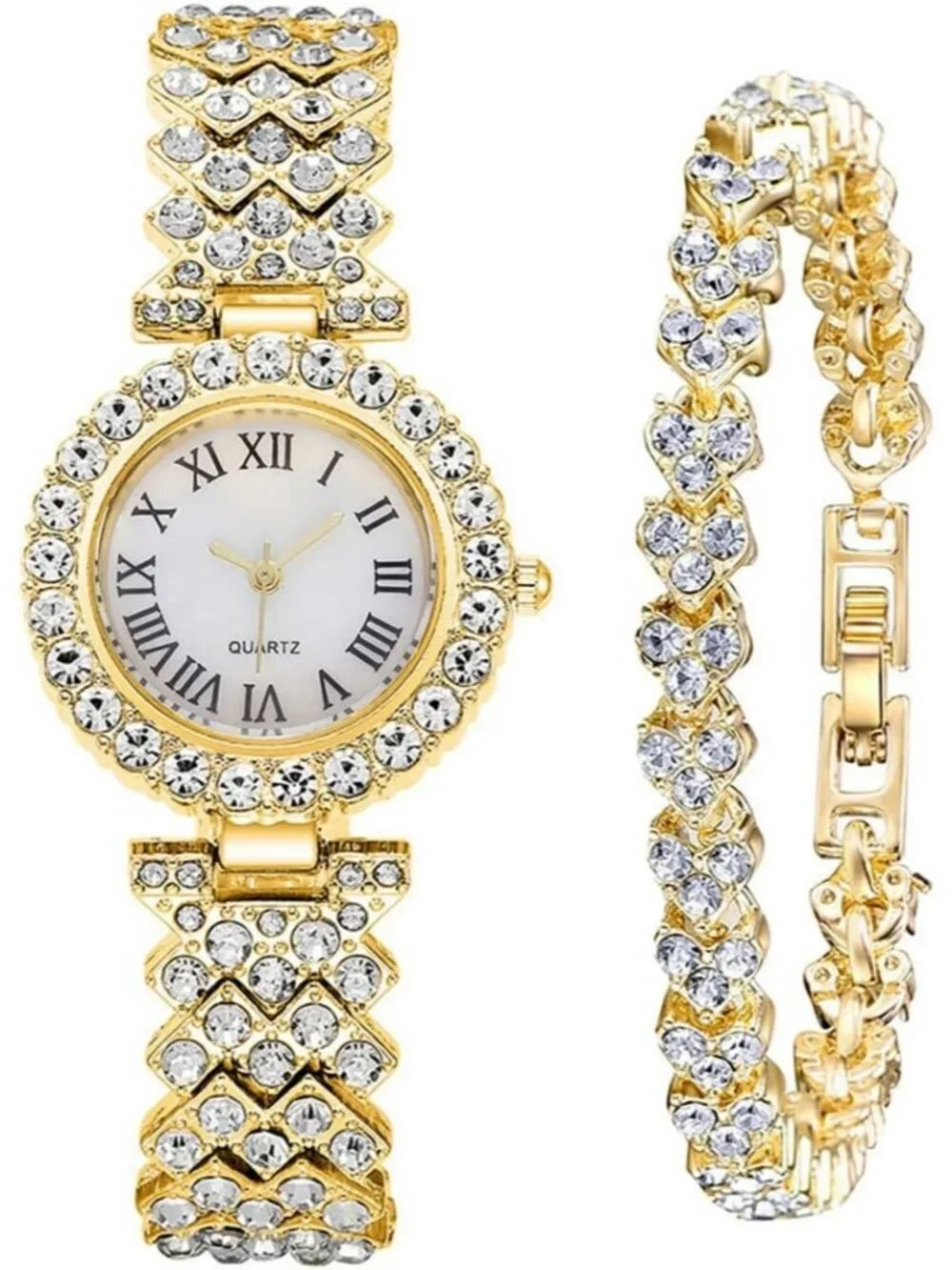 Womens Gold Analog Quartz Fashion Diamond Bangle Bracelet Set Luxury Wrist Watch